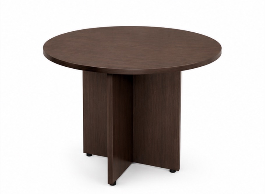 MESA REDONDA DE MELAMINA CON PATAS EN CRUZ. MEDIDAS: 120x75 CM